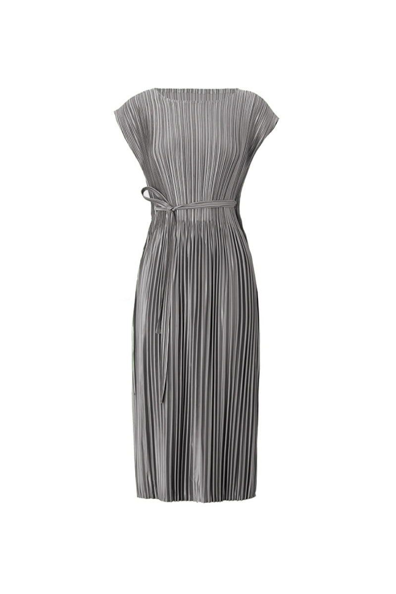 Designer Inspired Pleated Cap-Sleeve Dress with Belt