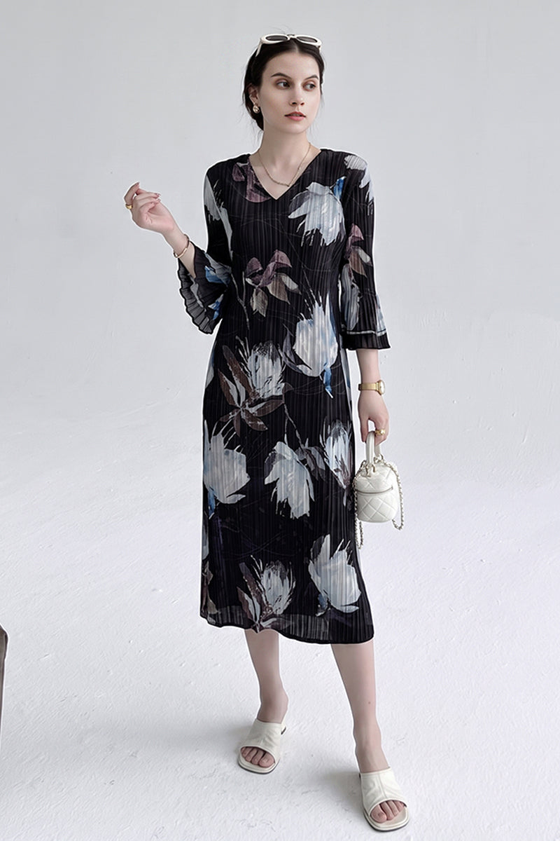 Designer Inspired Pleated Floral Long-Sleeve Midi Dress