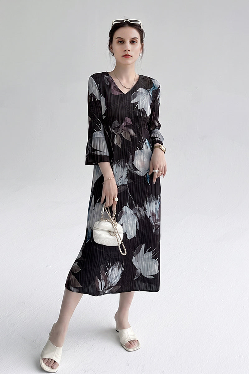 Designer Inspired Pleated Floral Long-Sleeve Midi Dress