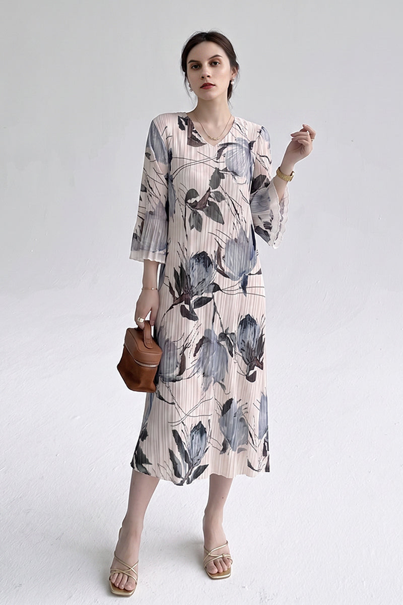 Designer Inspired Pleated Floral Long-Sleeve Midi Dress