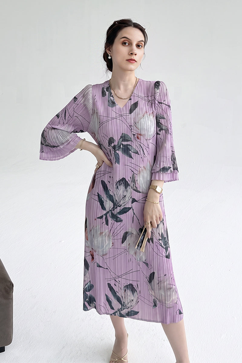 Designer Inspired Pleated Floral Long-Sleeve Midi Dress