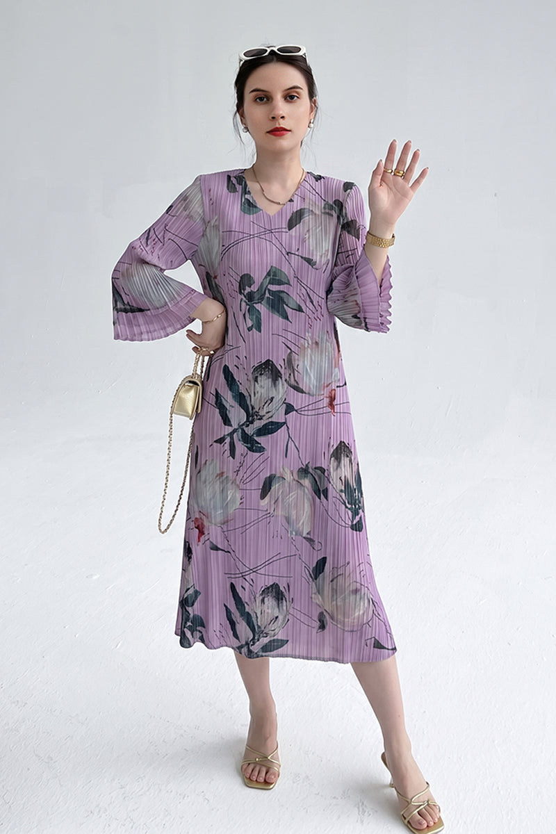 Designer Inspired Pleated Floral Long-Sleeve Midi Dress