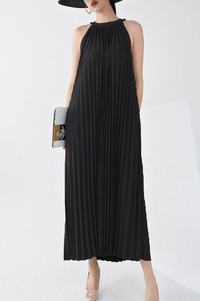 Designer Inspired Pleated Flowy Halter-Neck Midi Dress in Black