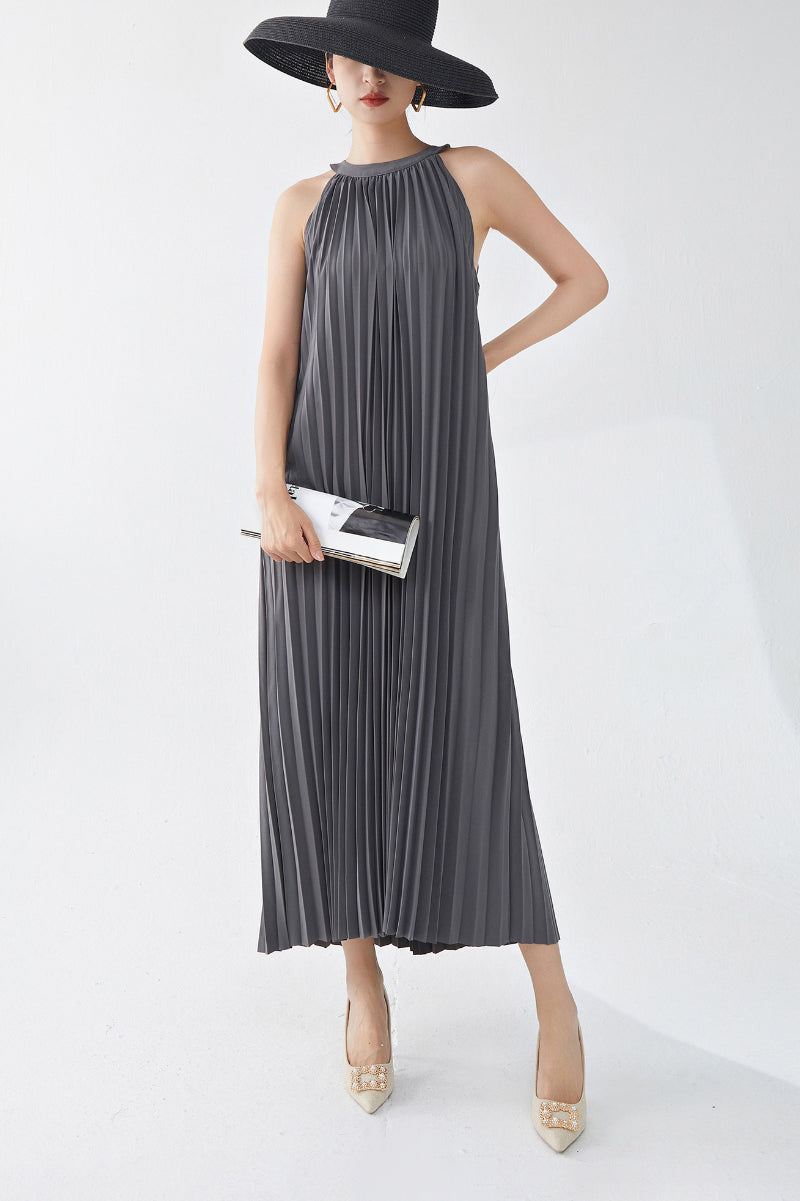 Designer Inspired Pleated Flowy Halter-Neck Midi Dress in Grey