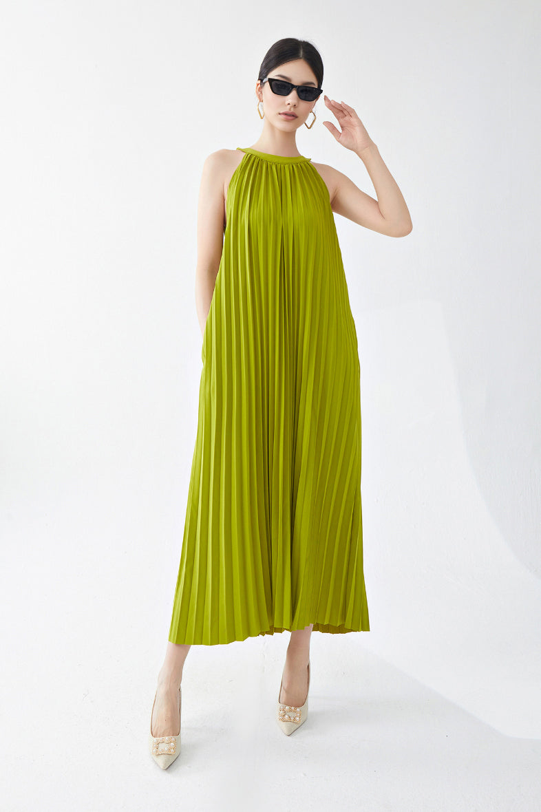 Designer Inspired Pleated Flowy Halter-Neck Midi Dress in Lime Green