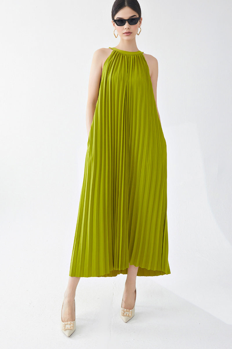 Designer Inspired Pleated Flowy Halter-Neck Midi Dress in Lime Green