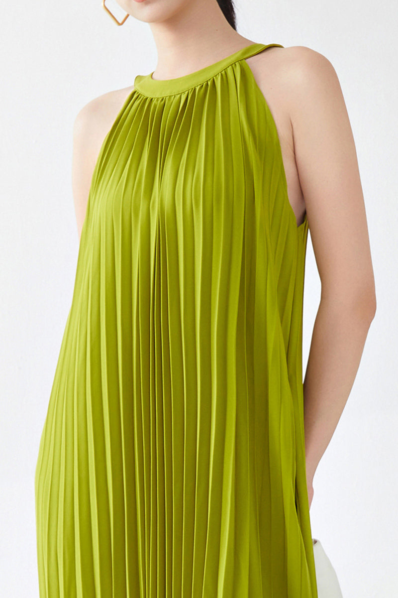 Designer Inspired Pleated Flowy Halter-Neck Midi Dress in Lime Green