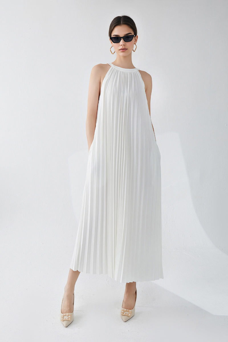 Designer Inspired Pleated Flowy Halter-Neck Midi Dress in White