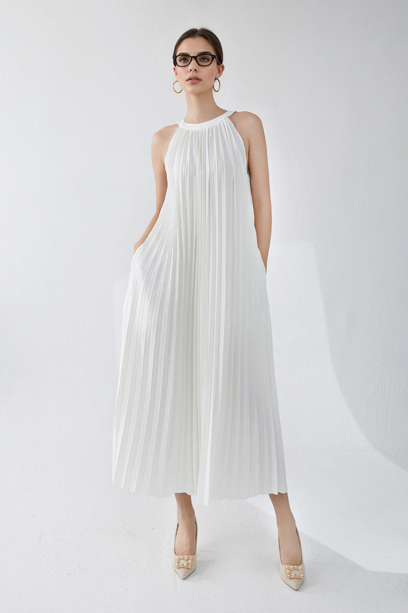 Designer Inspired Pleated Flowy Halter-Neck Midi Dress in White