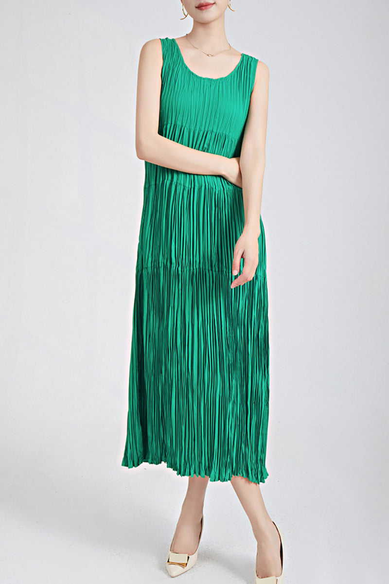 Designer Inspired Pleated Flowy Sleeveless Midi Dress in Emerald Green