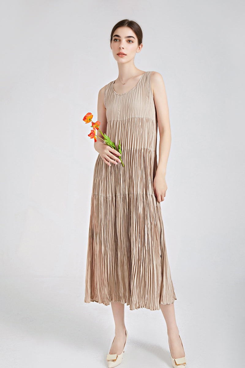 Designer Inspired Pleated Sleeveless Midi Dress