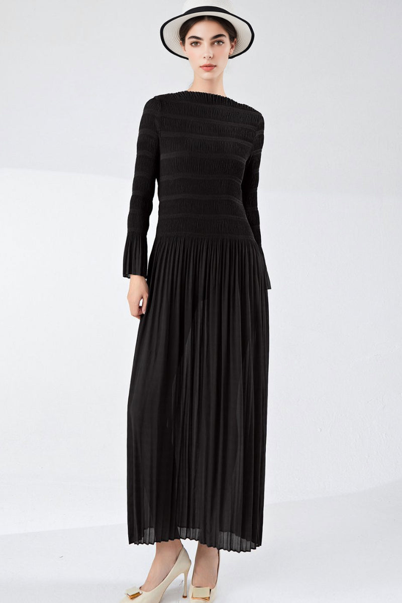 Designer Inspired Pleated Long Sleeve Smocked Maxi Dress