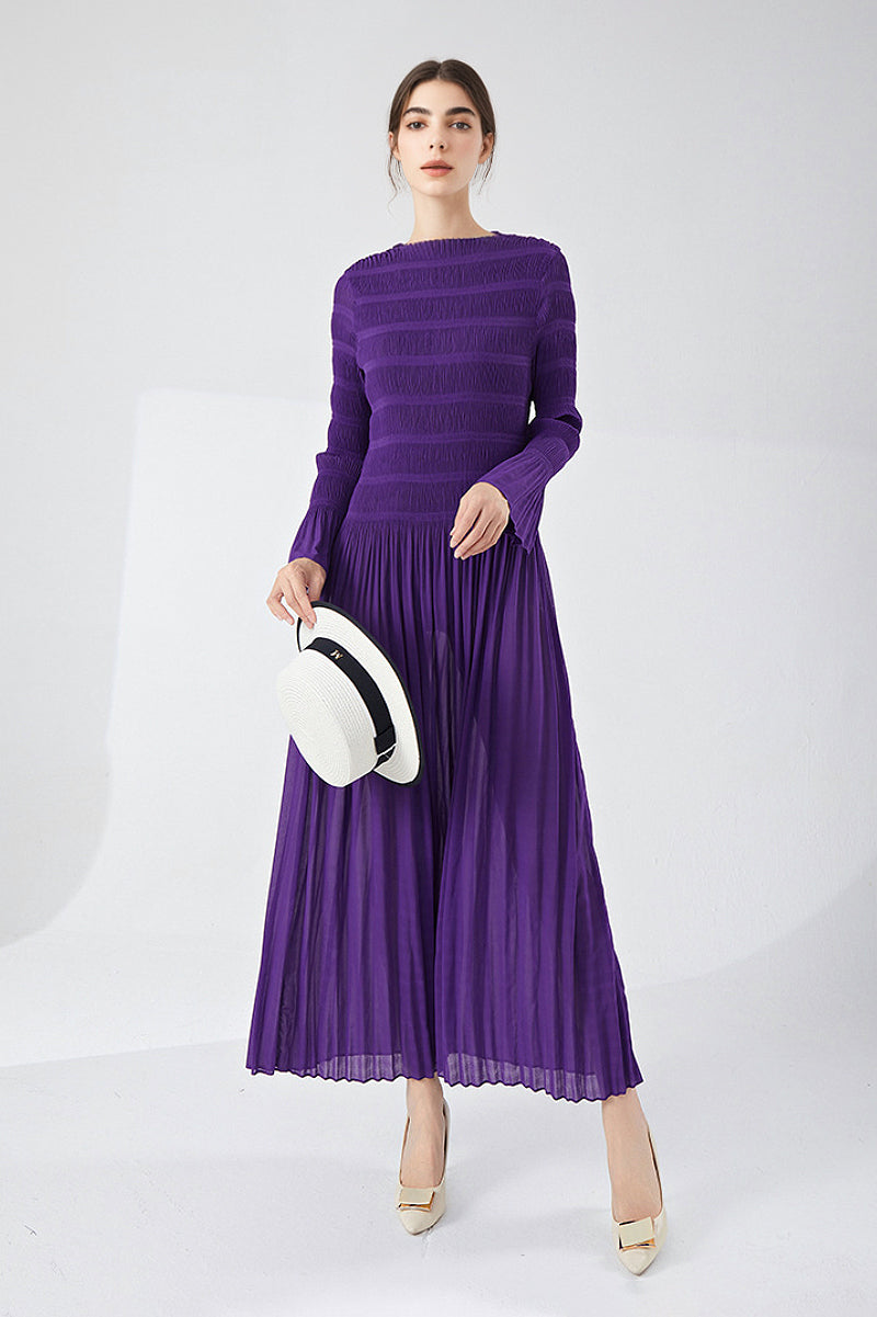 Designer Inspired Pleated Long Sleeve Smocked Maxi Dress in Purple