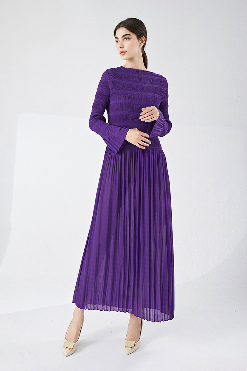 Designer Inspired Pleated Long Sleeve Smocked Maxi Dress in Purple