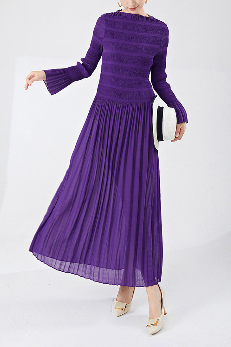 Designer Inspired Pleated Long Sleeve Smocked Maxi Dress in Purple