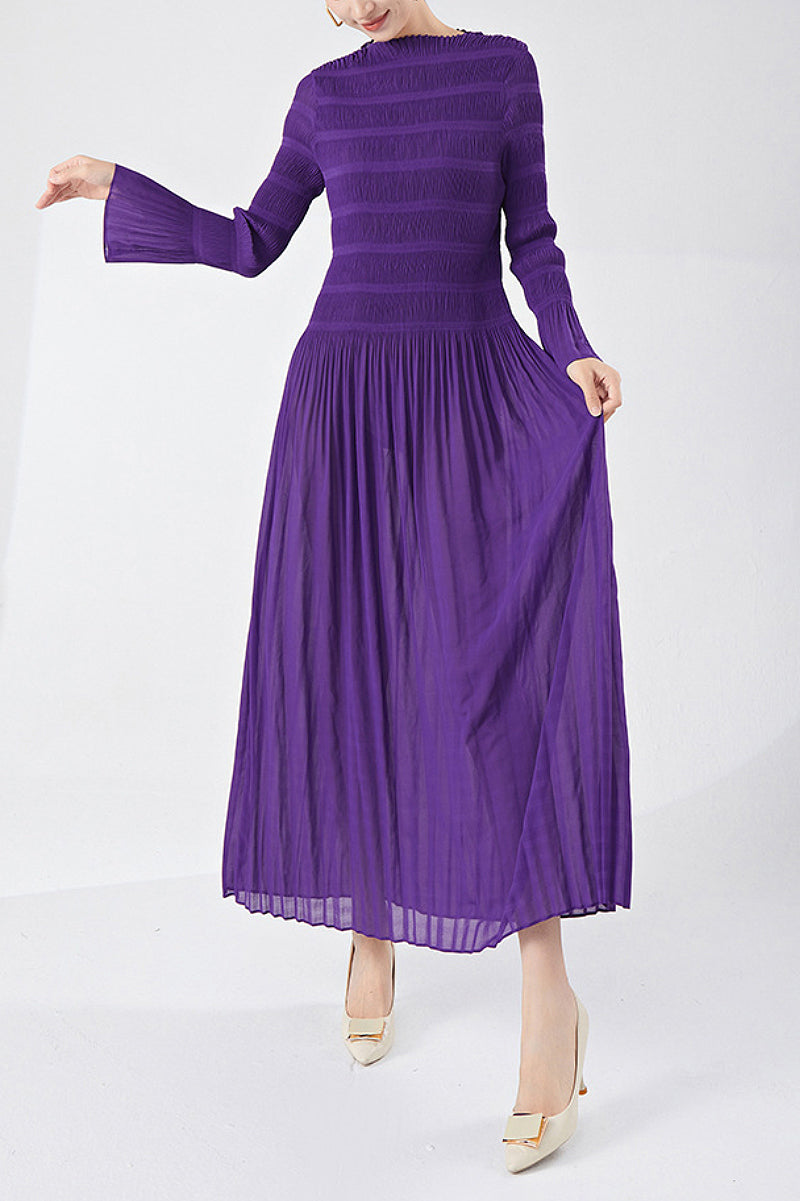 Designer Inspired Pleated Long Sleeve Smocked Maxi Dress in Purple