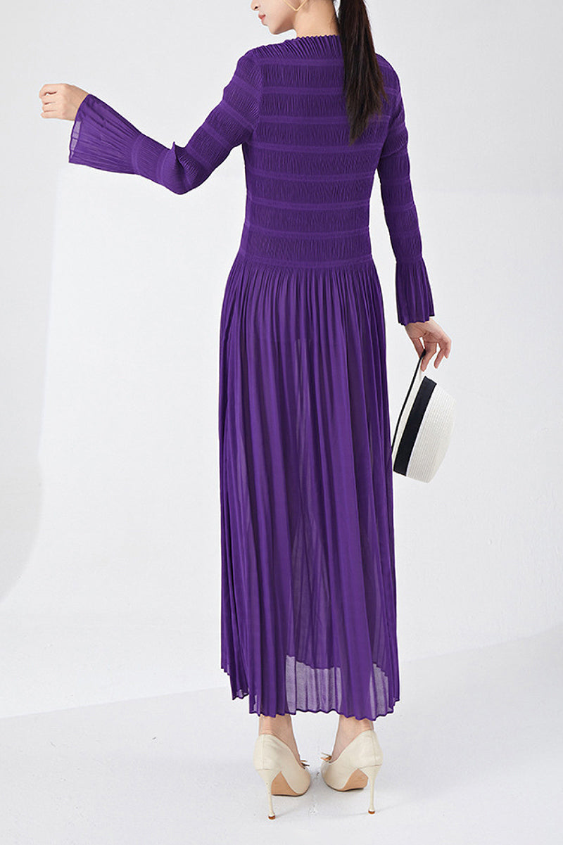 Designer Inspired Pleated Long Sleeve Smocked Maxi Dress in Purple
