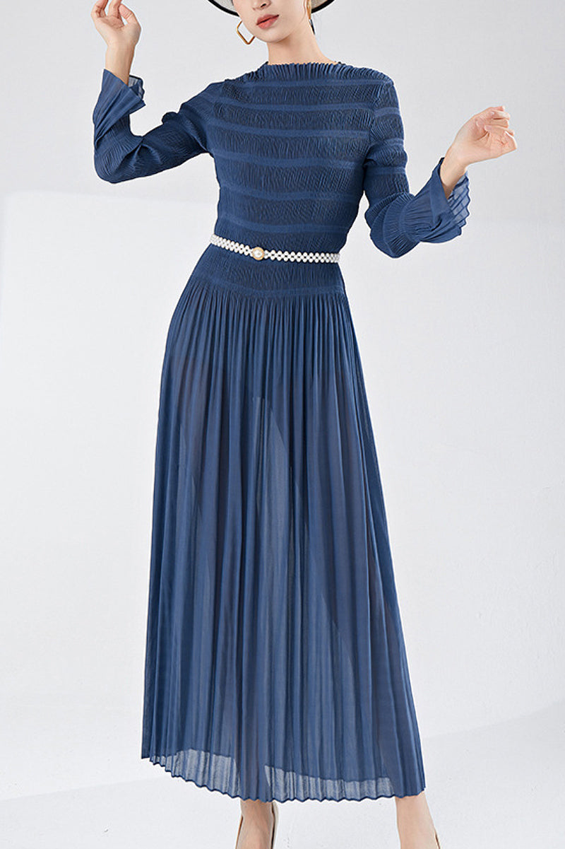 Designer Inspired Pleated Long Sleeve Smocked Maxi Dress in Slate Blue