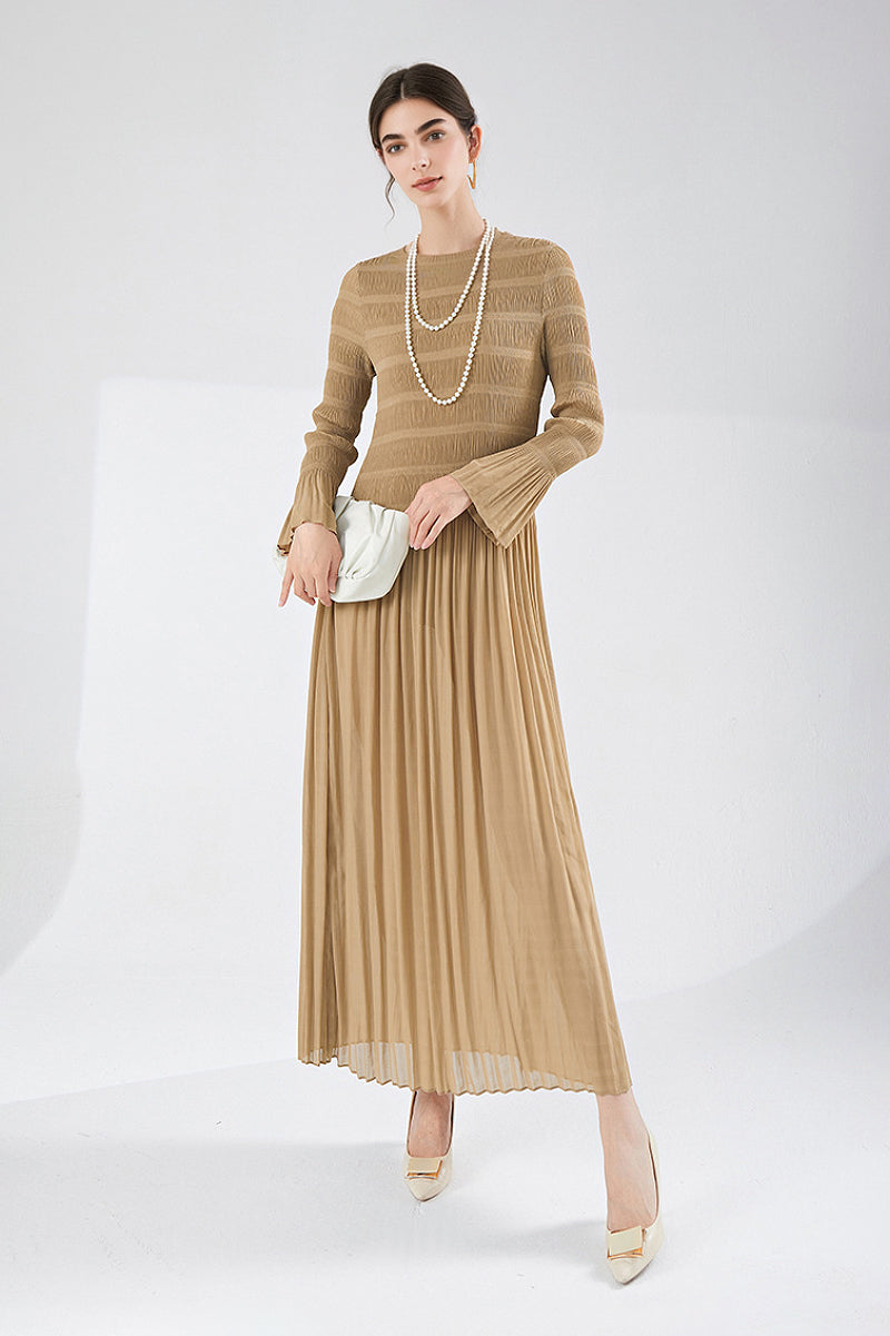 Designer Inspired Pleated Long Sleeve Smocked Maxi Dress