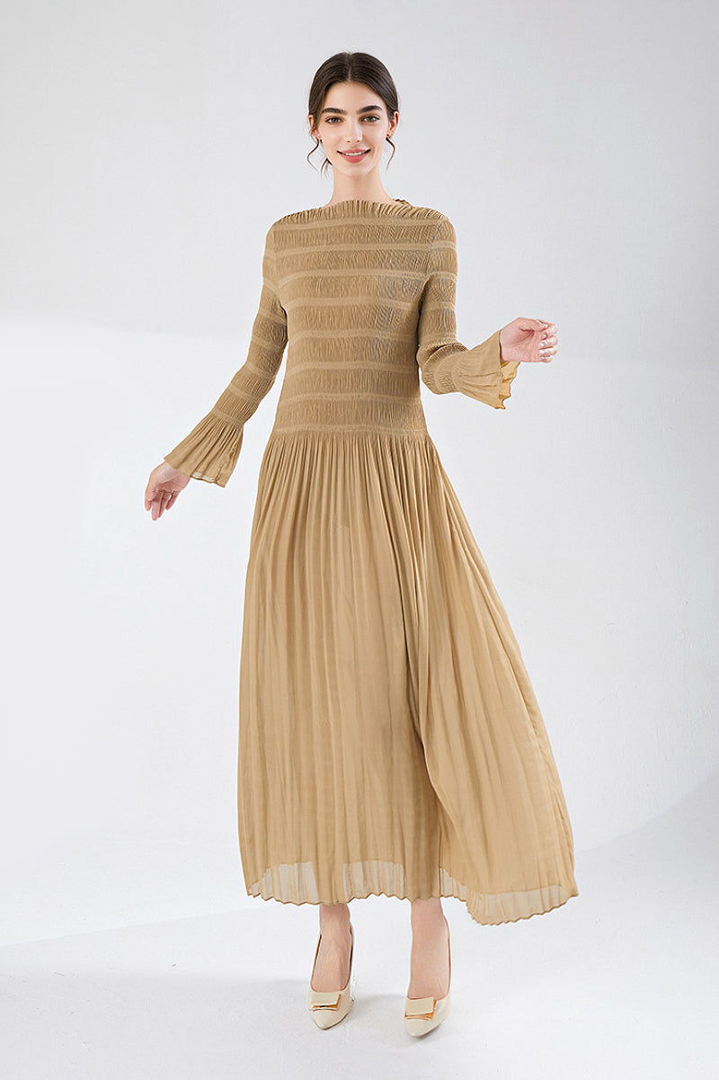 Designer Inspired Pleated Long Sleeve Smocked Maxi Dress