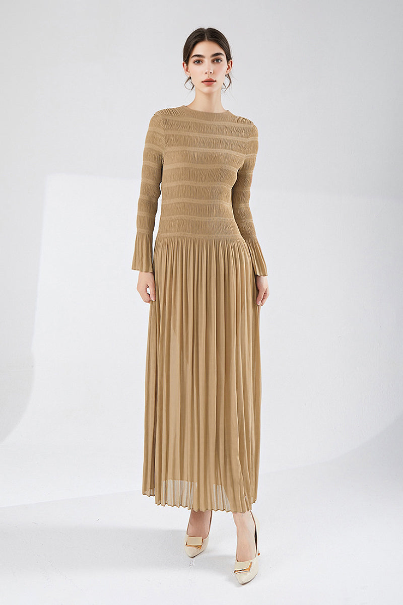 Designer Inspired Pleated Long Sleeve Smocked Maxi Dress