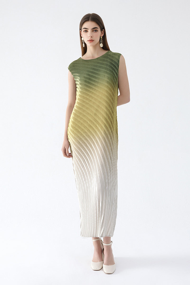 Designer Inspired Pleated Ombre Sleeveless Maxi Dress
