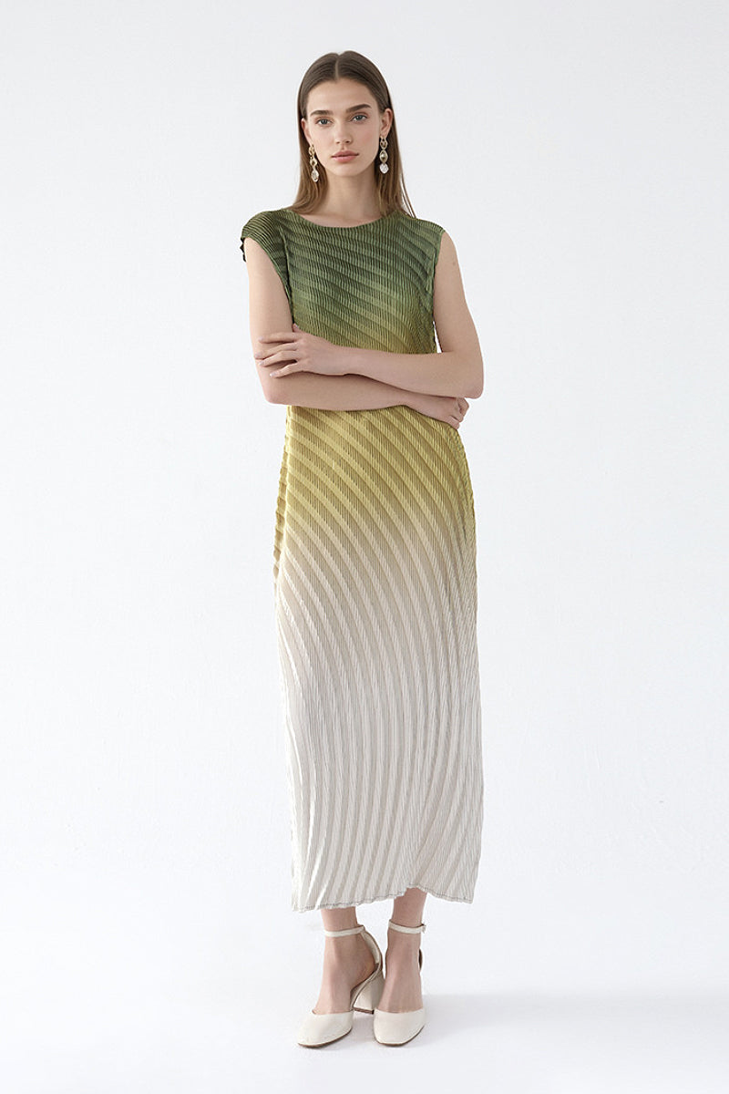 Designer Inspired Pleated Ombre Sleeveless Maxi Dress