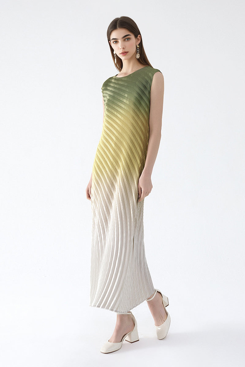 Designer Inspired Pleated Ombre Sleeveless Maxi Dress