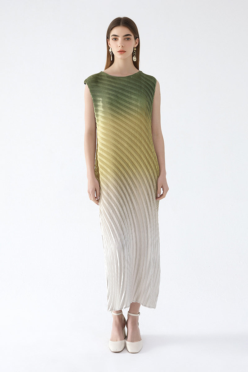 Designer Inspired Pleated Ombre Sleeveless Maxi Dress