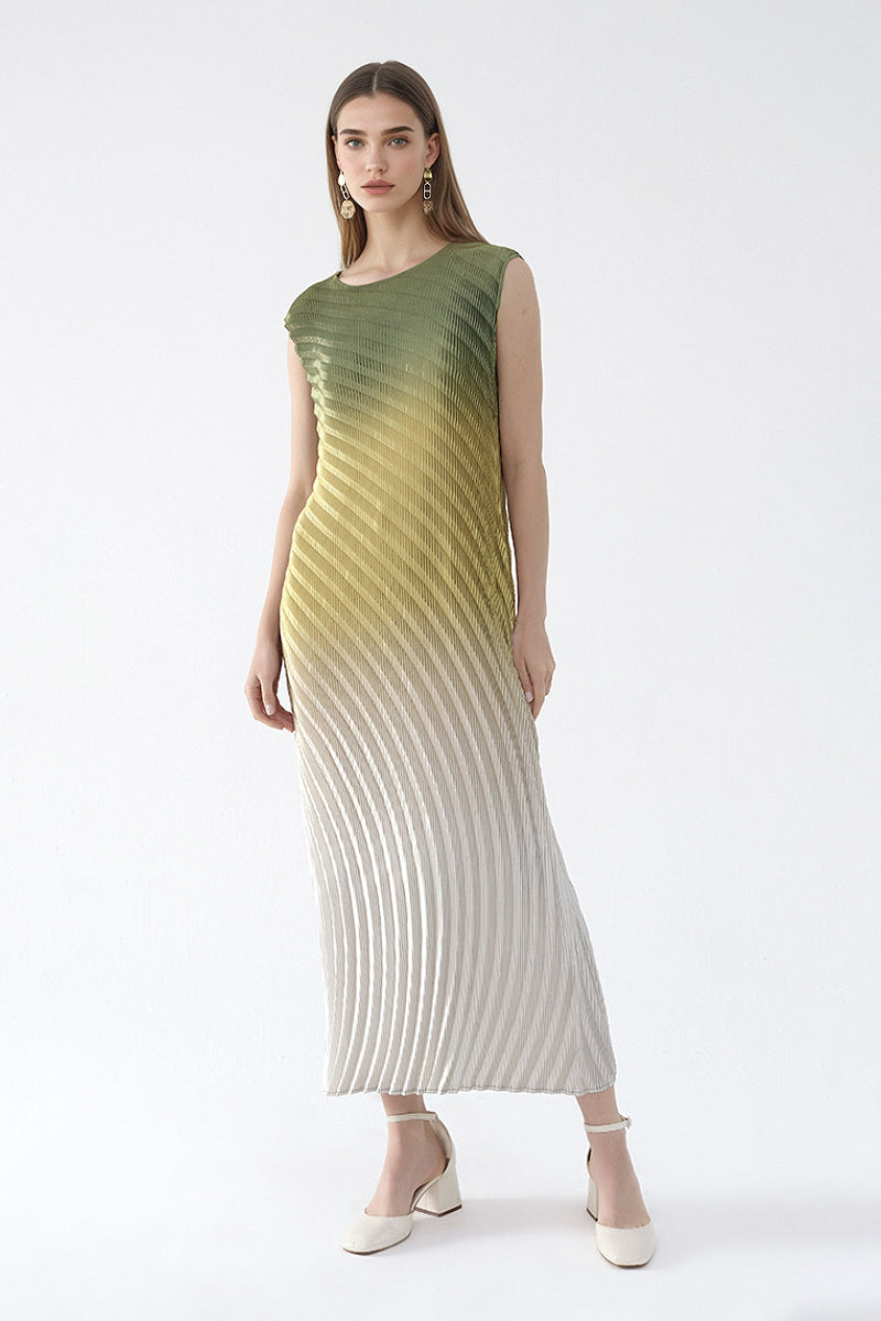 Designer Inspired Pleated Ombre Sleeveless Maxi Dress