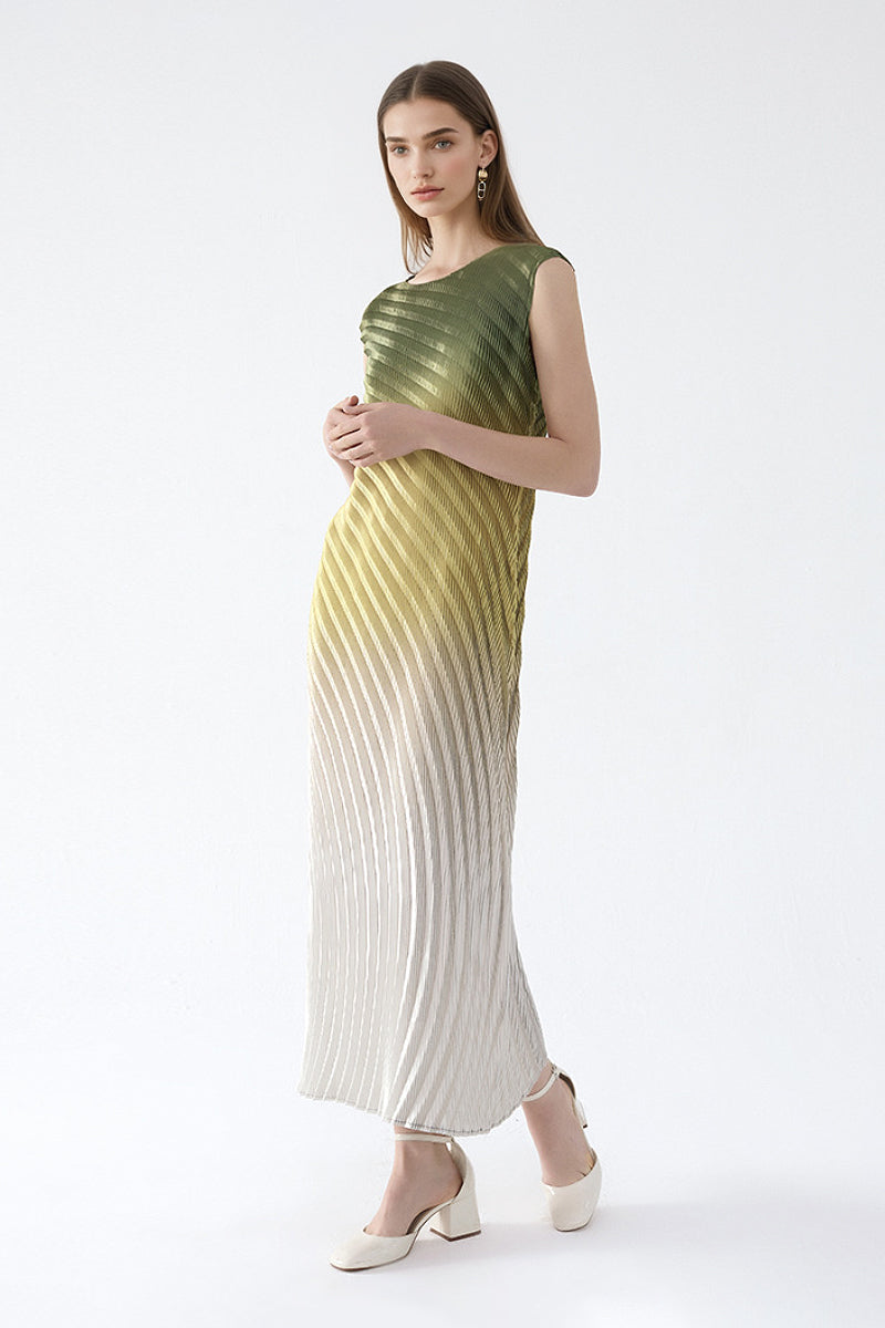 Designer Inspired Pleated Ombre Sleeveless Maxi Dress