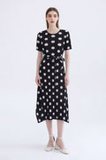 Designer Inspired Pleated Polka Dot Midi Dress
