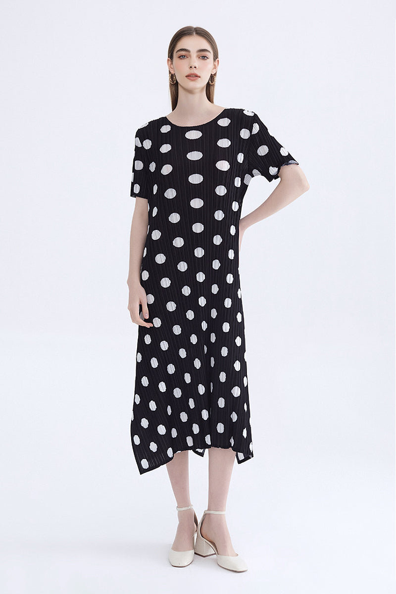 Designer Inspired Pleated Polka Dot Midi Dress