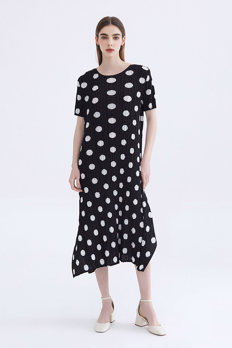 Designer Inspired Pleated Polka Dot Midi Dress