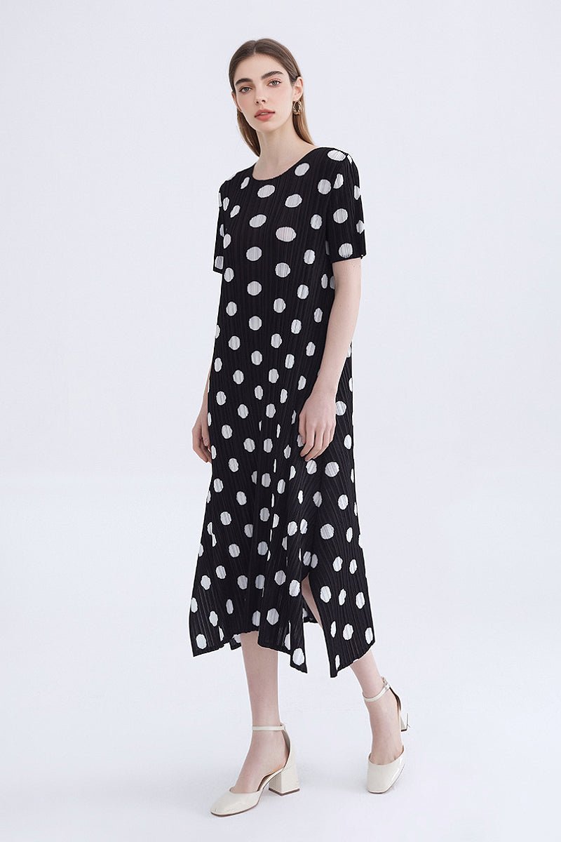 Designer Inspired Pleated Polka Dot Midi Dress