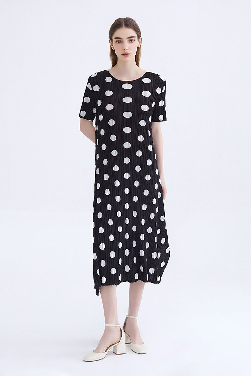 Designer Inspired Pleated Polka Dot Midi Dress