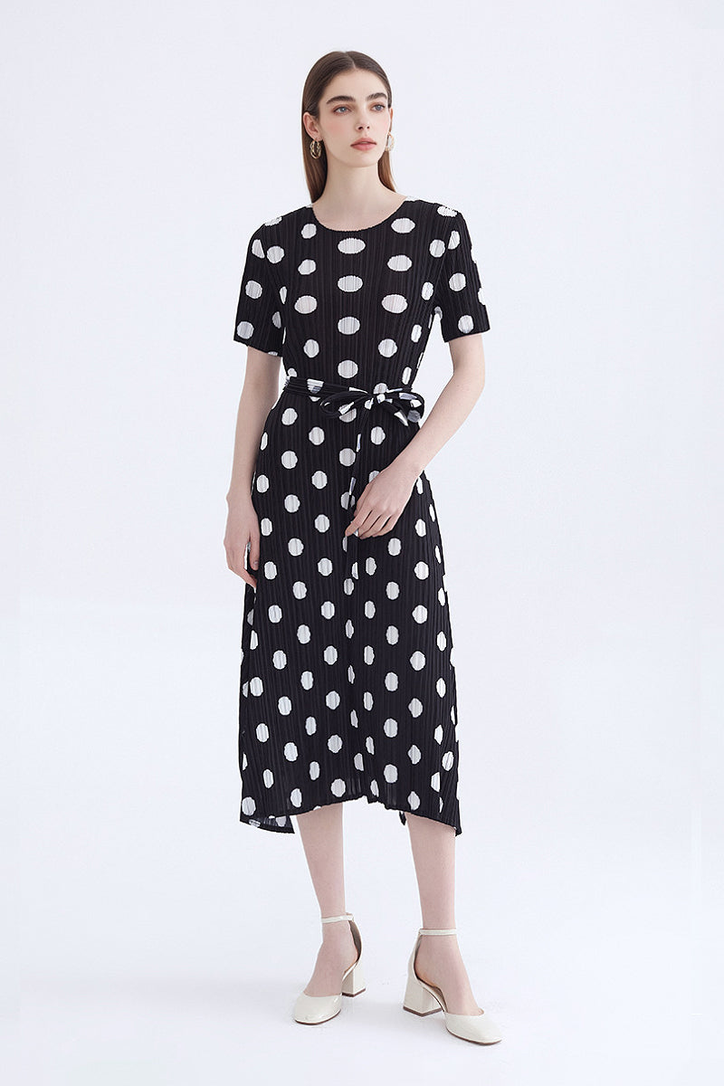 Designer Inspired Pleated Polka Dot Midi Dress