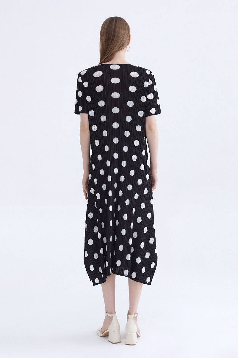 Designer Inspired Pleated Polka Dot Midi Dress