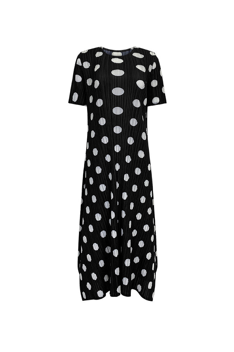 Designer Inspired Pleated Polka Dot Midi Dress
