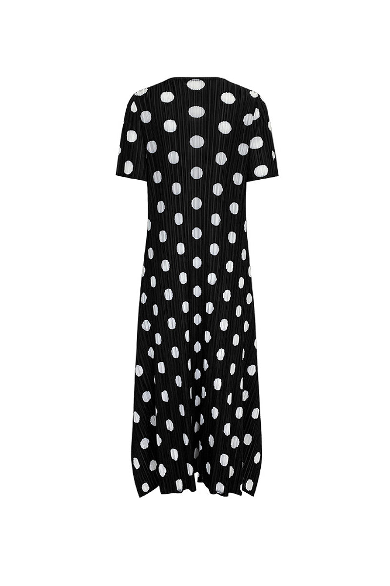 Designer Inspired Pleated Polka Dot Midi Dress