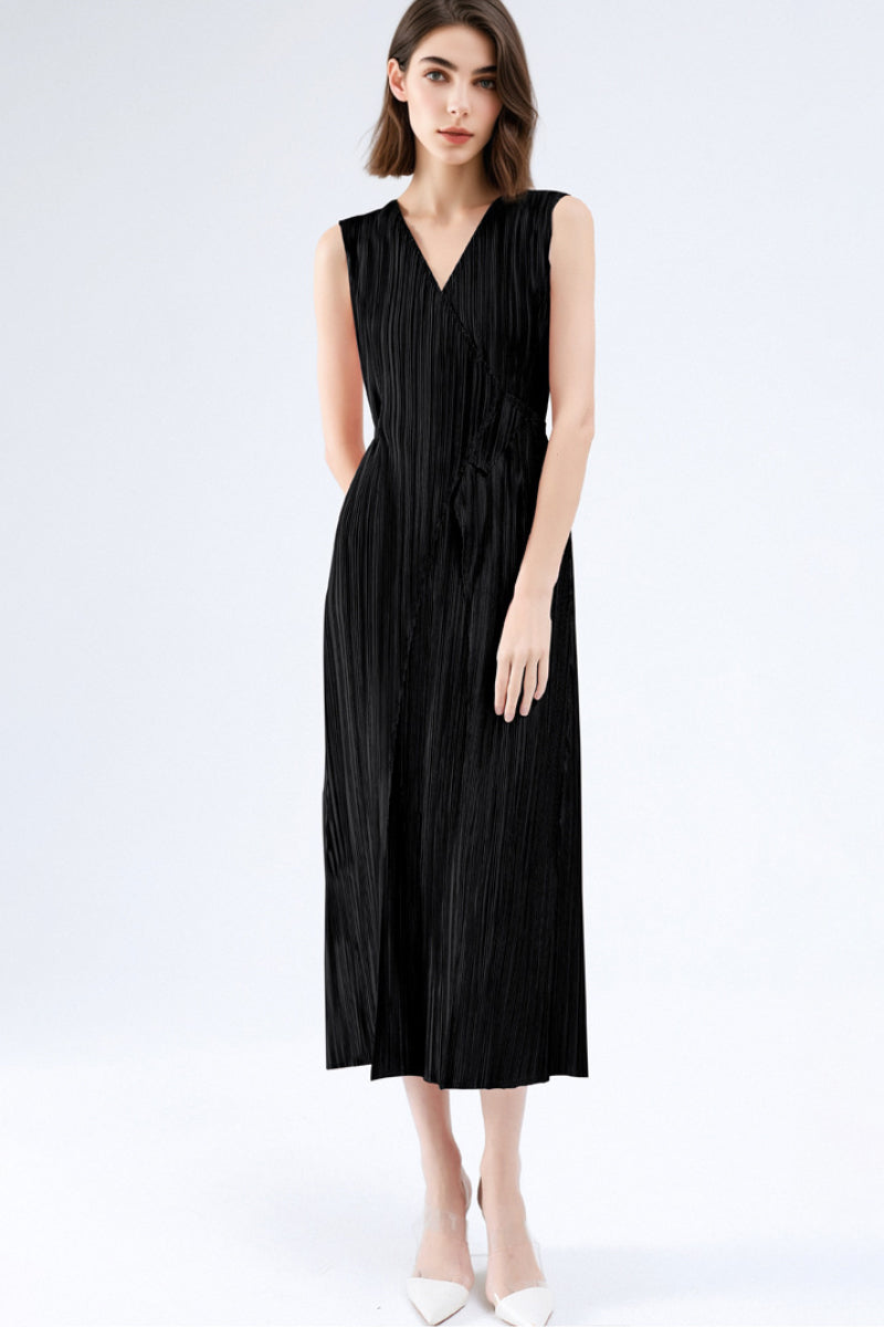 Designer Inspired Pleated Sleeveless Midi Wrap Dress