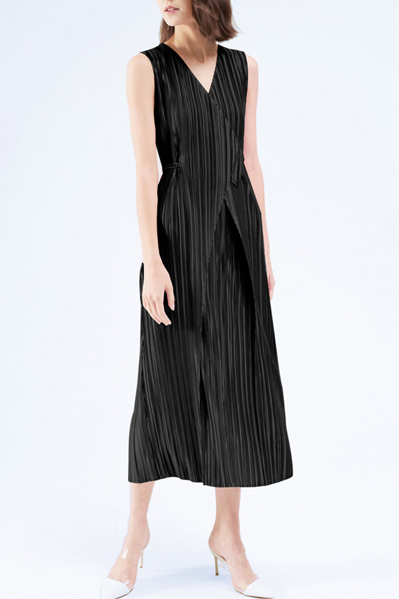 Designer Inspired Pleated Sleeveless Midi Wrap Dress