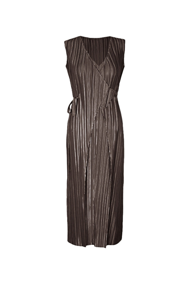 Designer Inspired Pleated Sleeveless Midi Wrap Dress