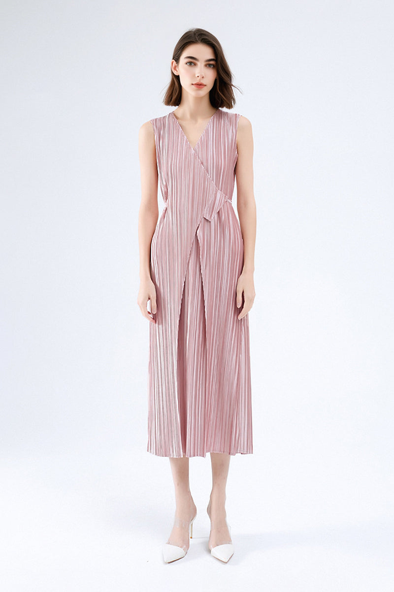 Designer Inspired Pleated Sleeveless Wrap Midi Dress in Pink