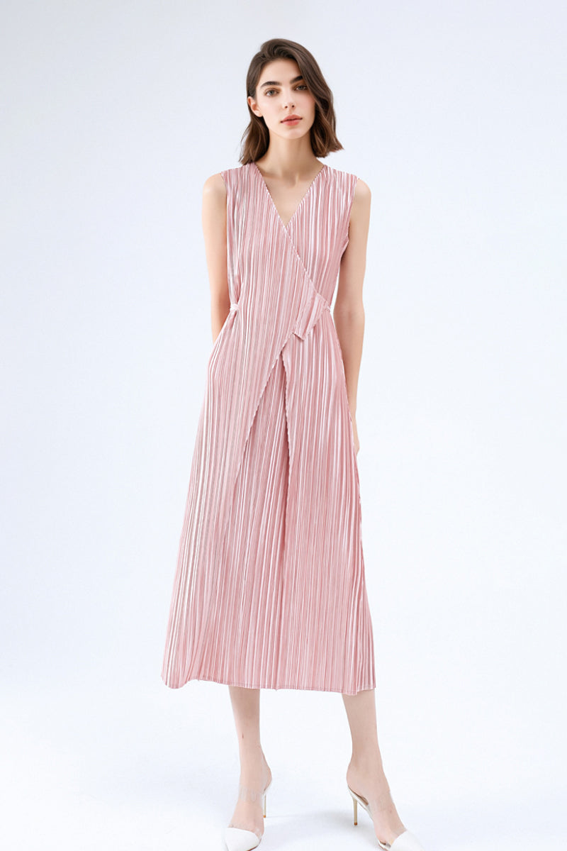 Designer Inspired Pleated Sleeveless Wrap Midi Dress in Pink