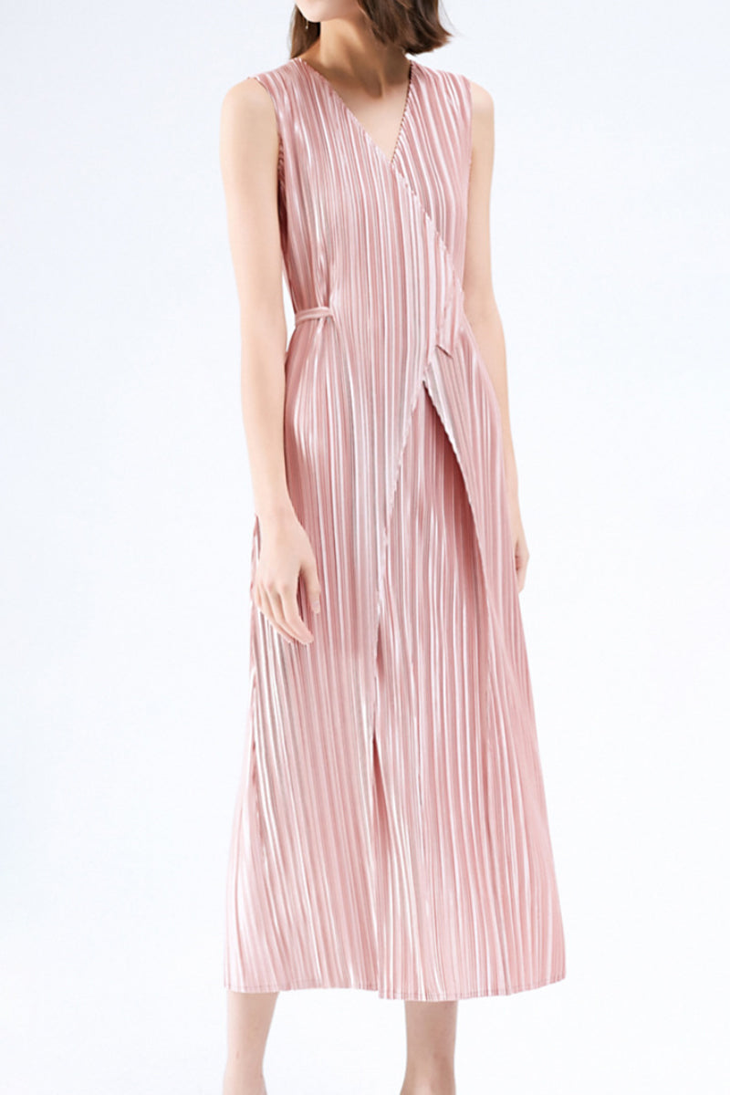 Designer Inspired Pleated Sleeveless Wrap Midi Dress in Pink