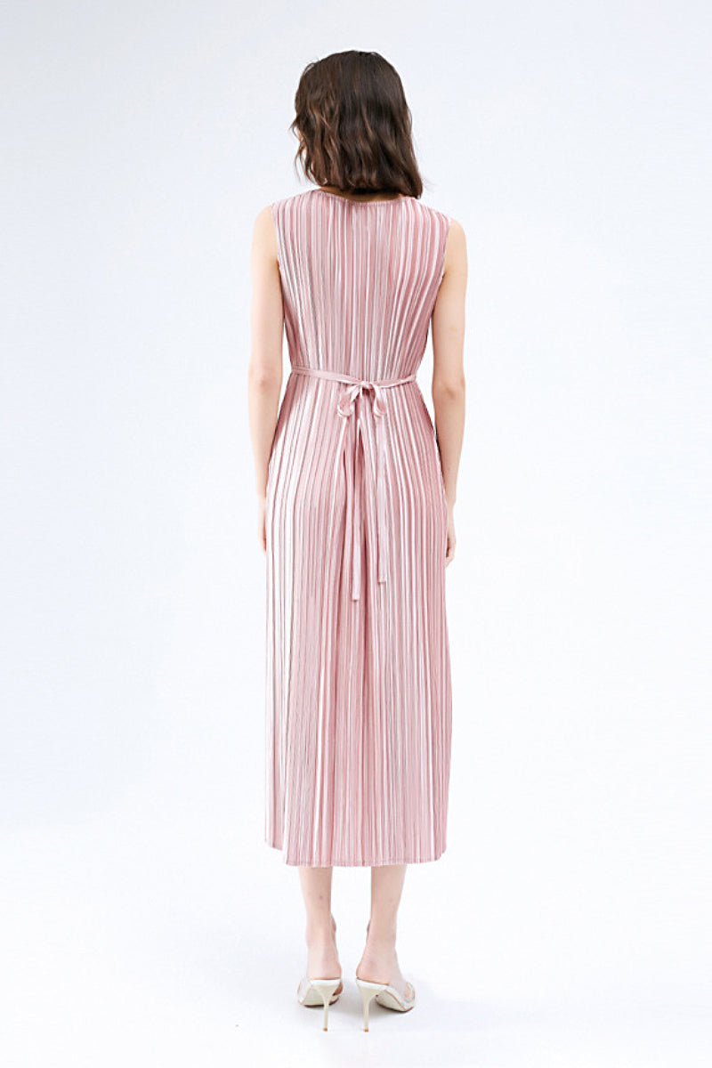Designer Inspired Pleated Sleeveless Wrap Midi Dress in Pink