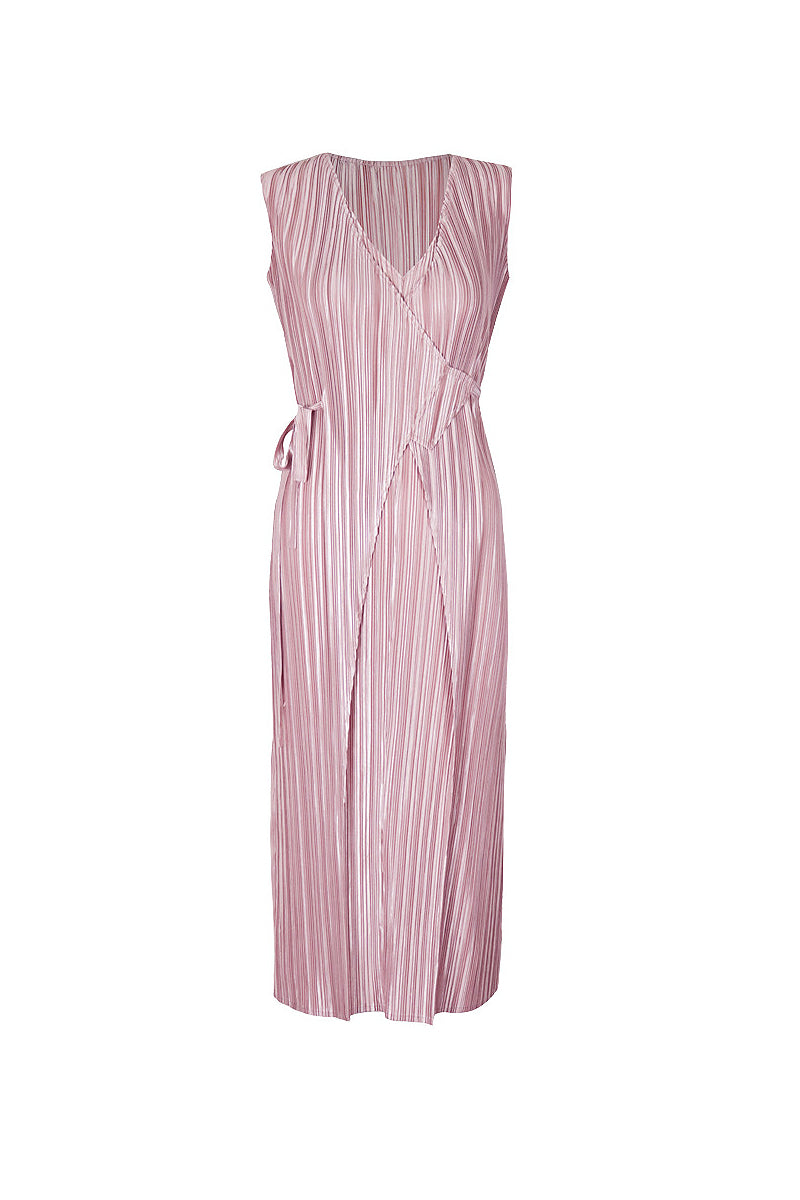 Designer Inspired Pleated Sleeveless Wrap Midi Dress in Pink