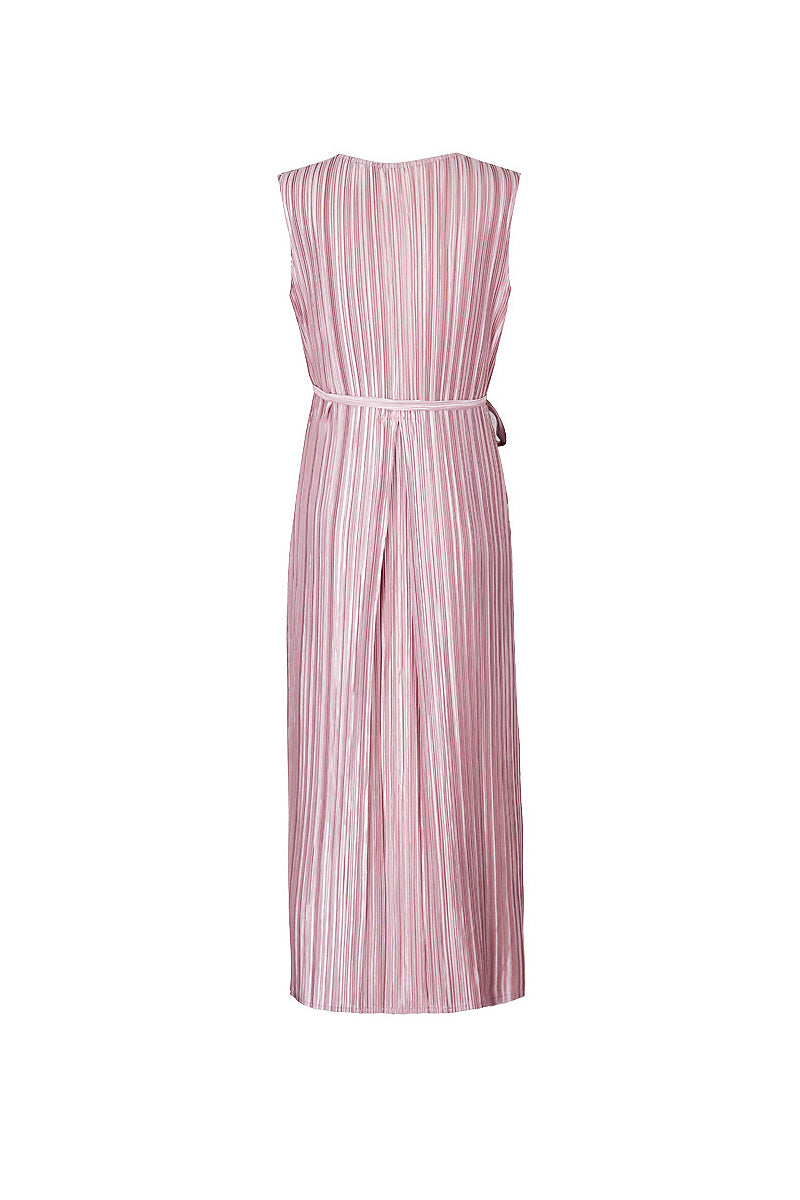 Designer Inspired Pleated Sleeveless Wrap Midi Dress in Pink