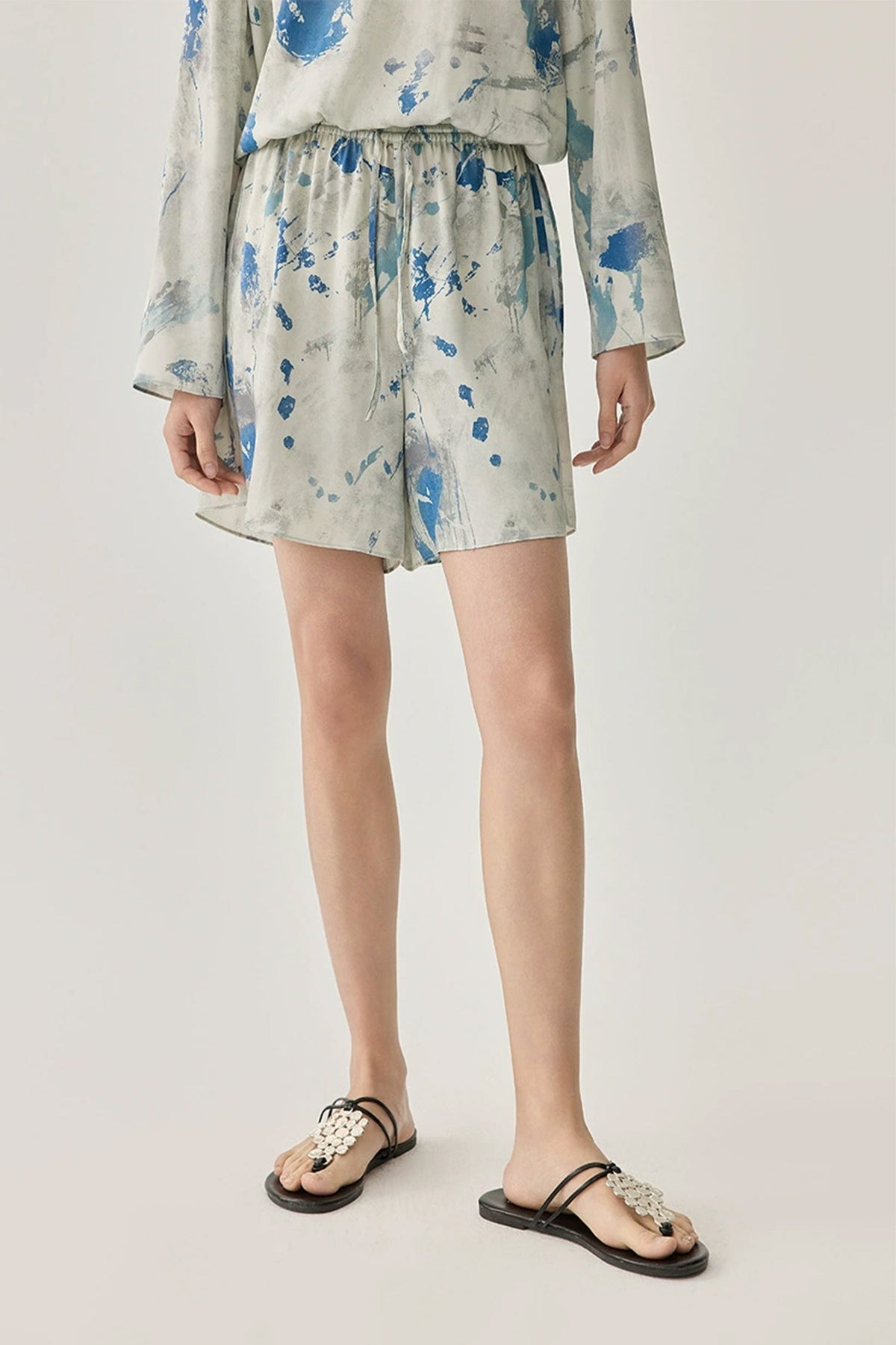 Elastic Waist Printed Silk Shorts With Drawstring